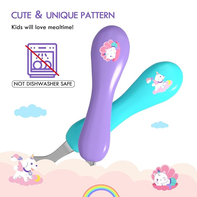 Lehoo Castle Toddler Fork and Spoon, 6pcs Toddler Utensils Kids Silverware, Safe Stainless Steel Toddler Fork Spoon Set, Children Flatware Set, Incudes 3 Spoons and 3 Forks (Light Purple + Blue)