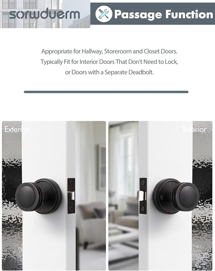 2 Pack Oil Rubbed Bronze Knob Passage Door Knobs Interior Door Knob for Hall and Closet Zinc Alloy