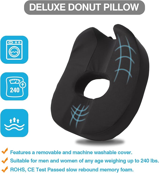 Donut Pillow Seat Cushion for Tailbone Pain, Prostate, Sciatica, Pelvic Floor, Pressure Sores, Pregnancy, Perineal Surgery, Postpartum Recovery Pain Pressure Relief Memory Foam Chair Pad