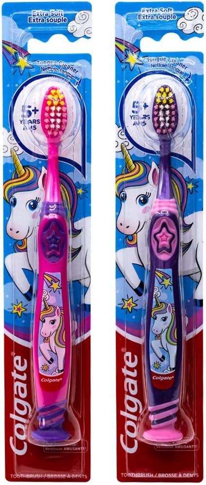 Colgate Kids Unicorn Toothbrush, with Suction Cup for Children 5+ Years Old, Extra Soft (Colors Vary) - Pack of 2