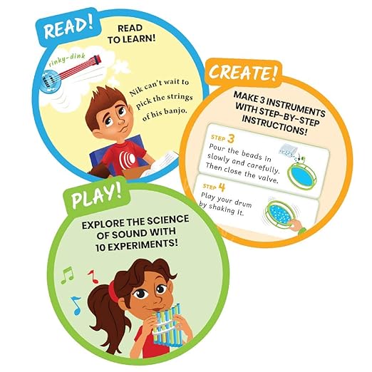 hand2mind Science Kit Music Maker, STEM Activities for Kids Ages 5-7, STEM Toys, Kids Storybook, Pan Flute, Ocean Drum, and Box Guitar, 10 at Home Science Experiments for Kids