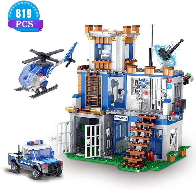 MindBox City Police Station Building Set, 819pcs STEM Toy with Helicopter Airplane,Police Car, Radar,Police Station, Building Set for 6-12 Boys (Compatible with Lego Set), MY117, Green