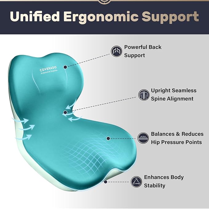 Coverado Car Seat Cushion and Lumbar Support Pillow One Piece, Memory Foam Ergonomic Back Support Driving Seat Cushion for Back Pain, Non-Slip Washable Cushion for Car, Driver, Office