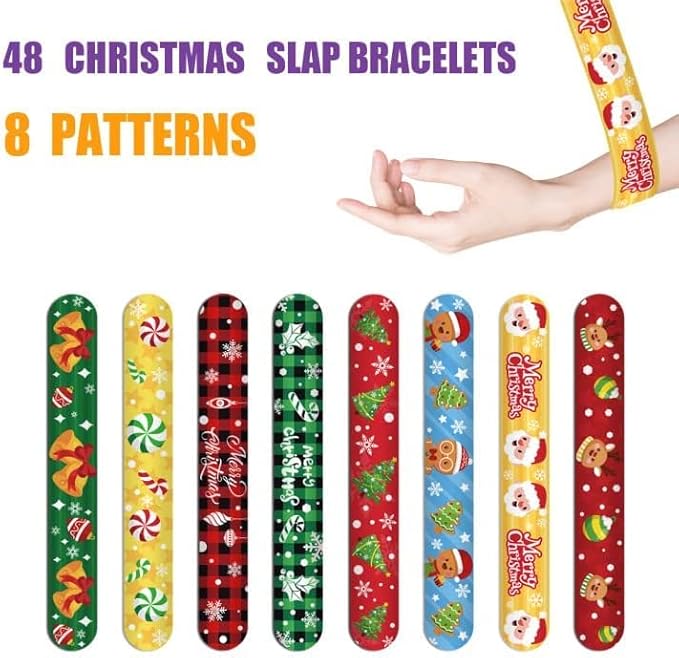 FOIMAS 48pcs Christmas Slap Bracelets,Xmas Santa Reindeer Snap Bracelet Wristband for Kids Christmas Stocking Stuffer Bag Filler Party Favor Supply