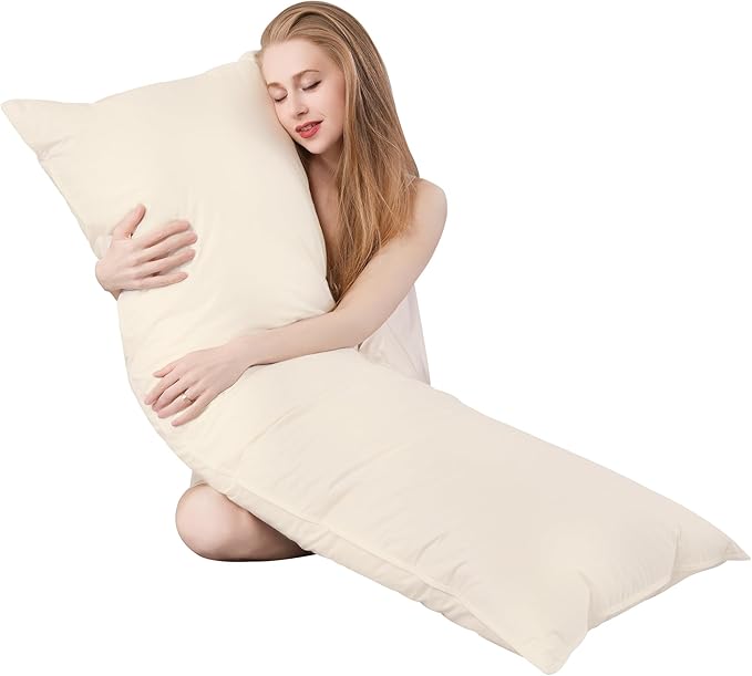 Goose Down Body Pillows for Adults, Large Body Pillow for Side Sleeper, Hugging Feather Body Pillow Insert, Cooling Full Length Long Pillow for Bed with 100% Organic Cotton Shell, (Beige 20"x72")