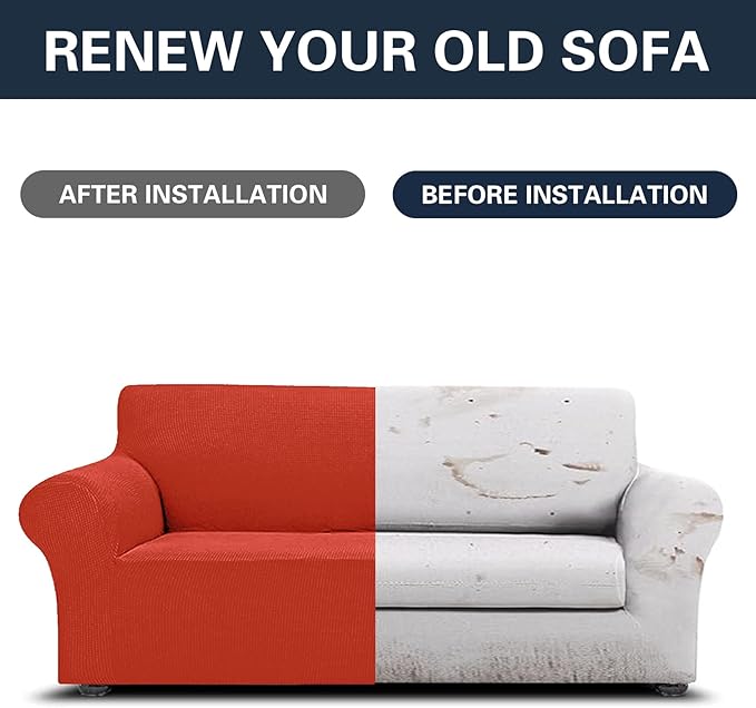 2025 New Stretch Sofa Slipcovers Couch Cover for 3 Cushion Furniture Protector Sofa Covers with Elastic Bottom Jacquard Fabric Small Checks for Pets, Kids -Sofa, Pureed Pumpkin