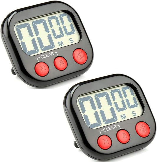 2 Pack Digital Kitchen Timer Big LCD Screen Loud Alarm Strong Magnetic Back and Stand Minute Seconds Count Up Countdown and Simple Operation for Homework Game Exercise Kids Cooking Timers (Black+Red)
