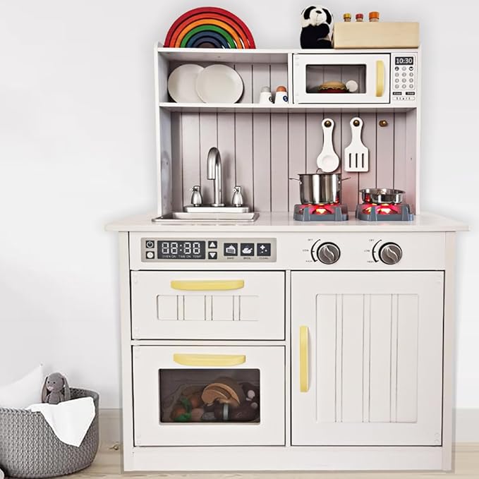 Kids Kitchen Playset,Children Play Kitchen for Toddler,Baby Toy Kitchen Set,Pretend Wooden Kitchen,Birthday Gifts with Play Sink Toy,Lights Sounds, Cooking Set for Kids Ages 1+Boys Girls