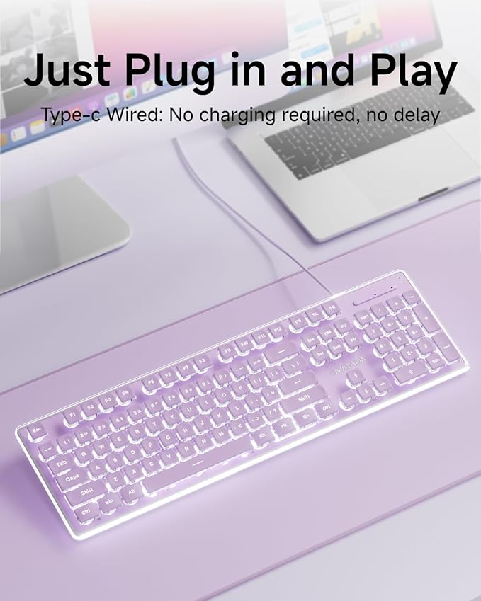 EWEADN GX710S Backlit Computer Keyboards, Wired USB Keyboard with White Backlit, Metal Panel, Plug and Play, Pudding Keycaps Full Size Quite Computer Keyboard for Win/PC/Laptop-Purple