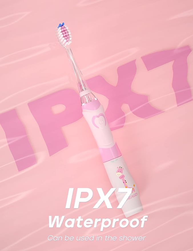 SEAGO Kids Electric Toothbrush with 2 Mins Brushing Timer and 8 Replacement Bursh Heads,Rainbow LED Light Make Brushing Fun, Pink Color Girls Battery Powerd Toothbrush for 4-12 Years Old