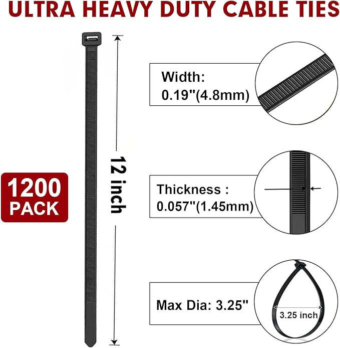Zip Ties, RAZCC 1200pcs Black Cable Zip Ties 12 Inch, Heavy Duty Plastic Wire Ties with 70lb Tensile Strength, Self-Locking Black Nylon Tie Wraps for Indoor and Outdoor