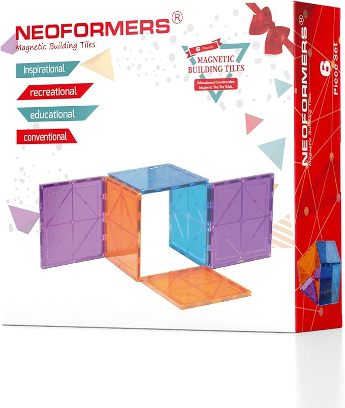 6 Piece Magnetic Tiles Set Large Square Shape Magnet Building Block Construction Toy STEM Learning Kit Educational Playset Playboard (NF-06 Set)