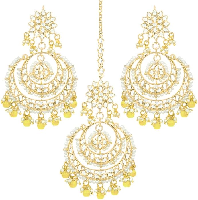 Aheli Bollywood Ethnic Chandbali Style Big Earrings Maang Tikka Set Traditional Fashion Jewelry Gift for Women