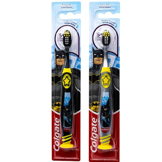 Colgate Batman Toothbrush for Children with Suction Cup, Kids 5+ Years Old, Extra Soft (Colors Vary) - Pack of 2