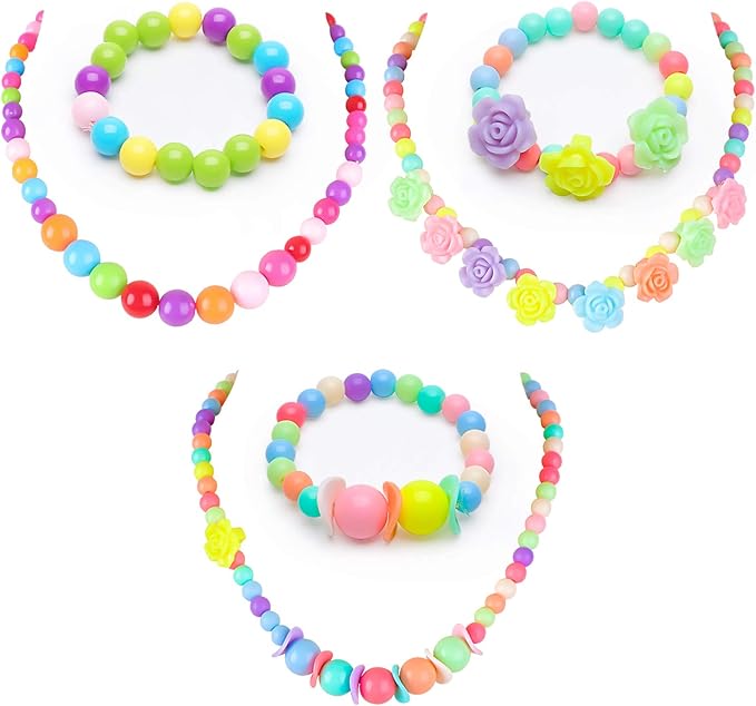 BigOtters Little Girls Necklace Bracelet, 3 Sets Lovely Colorful Beads Toddler Necklaces for Girls, Play Jewelry for Toddlers 2-4