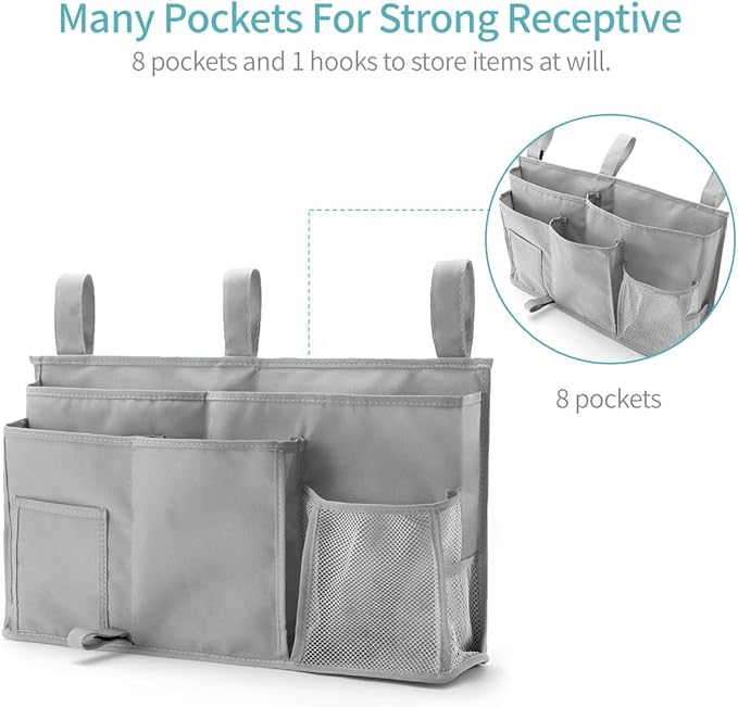 Bseash Bunk Bed Organizer, Bedside Caddy Hanging Bed Organizer Storage Bag 8 Pockets, for College Dorm Rooms Bed, Hospital Bed, Baby Bed Rails, 600D Oxford Cloth (Gray)