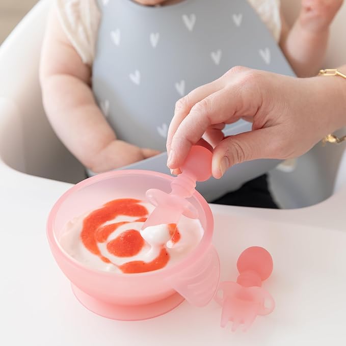 Bumkins Baby Utensils Set, Chewtensils Silicone Spoons for Dipping, Self-Feeding, Baby Led Weaning, Trainer Learning, First Stage Eating, Soft Practice Fork and Spoon, Babies 6 Months, Pink Jelly