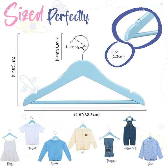 FairyHaus Kids Wooden Hangers 20Pack Blue, 12.8 Inch Baby Wooden Hangers for Closet, Anti-Rust 360° Swivel Hook, Notches & Smooth Finish, Natural Solid Wood Childrens Hangers for Clothes