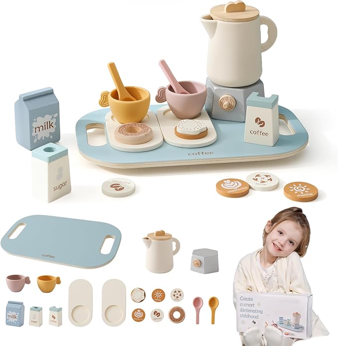 EERKEOD Tea Party Set for Kids Wooden Tea Sets for Toddler Girl Toys Pretend Play for Little Girls Kitchen Play Food Accessories Sets Wooden Educational Toys Gifts with Silicone