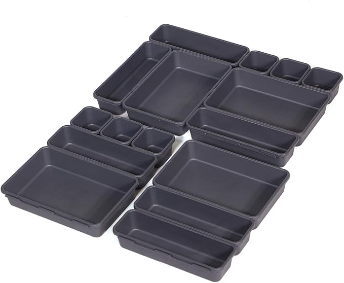 Set of 16 Interlocking Desk Drawer Organizer Tray Dividers Plastic Shallow Narrow Drawers Organizers Separators and Storage Bins Container for Kitchen Bathroom Makeup Office Vanity Bedroom Dresser