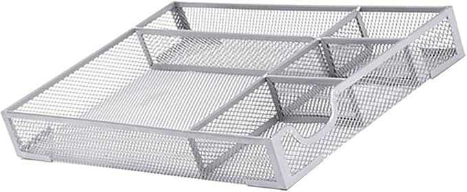 ZJchao Drawer Organizer, Desk Organizer, with Non Slip Rubber Pads Metal Mesh 5 Compartments Storage Tray for Home and Office Use (Silver)