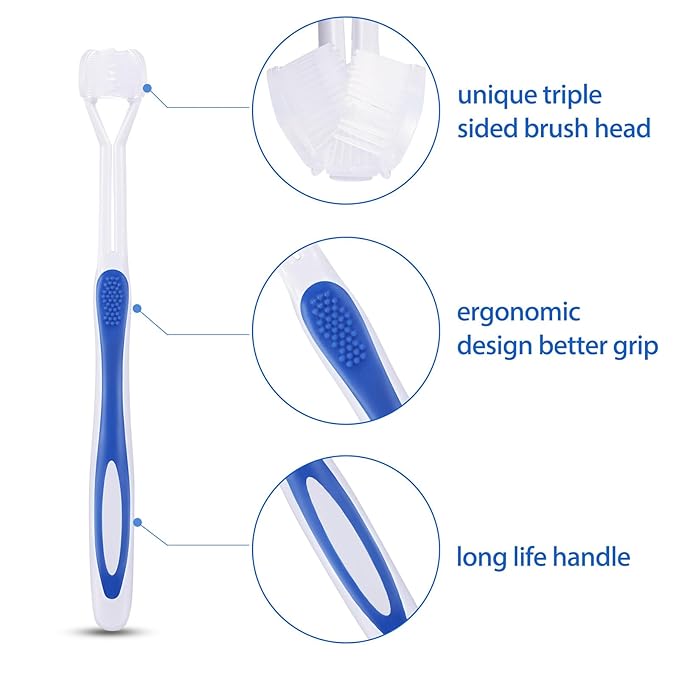 Boao 4 Pieces Three Sided Toothbrush Autism Sensory Toothbrush Bristle Travel Brush for Kids Complete Teeth Gum Care Good Angle Clean Tooth, Soft and Gentle(Blue)