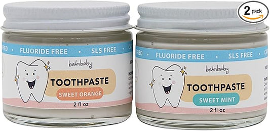 Kids All Natural Fluoride Free Toothpaste by Balm Baby Brand – SLS Free Toothpaste with Xylitol, Vegan, Gluten Free, BPA Free, Glass Jar Zero Waste Children’s Teeth Paste (Mint & Orange)