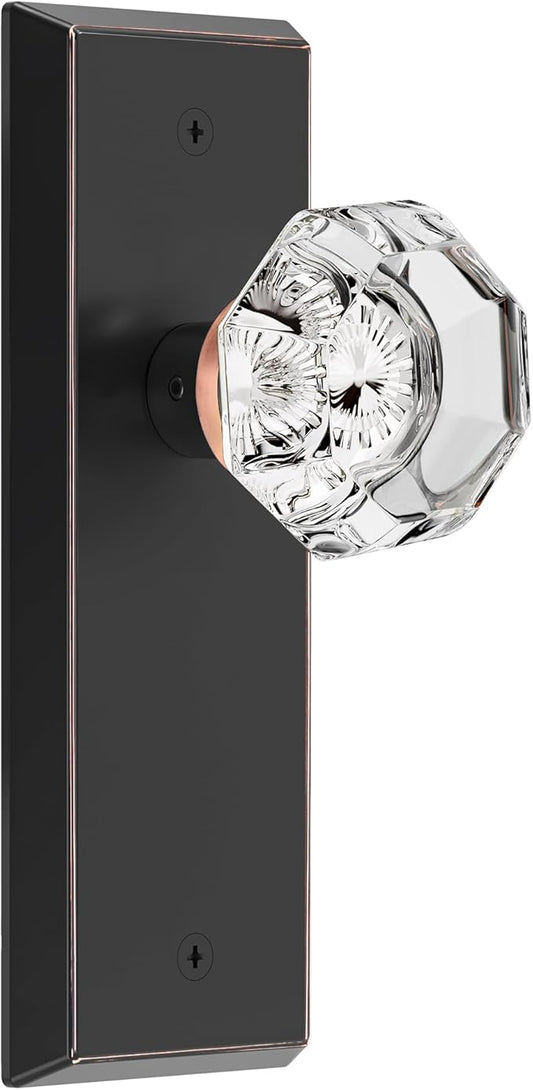 Glass Door Knobs for Interior Doors - Vintage Crystal Passage Closet & Hallway Door Knob - Diamond Cut Door Handle - Oil Rubbed Bronze Finish (1 Pack)