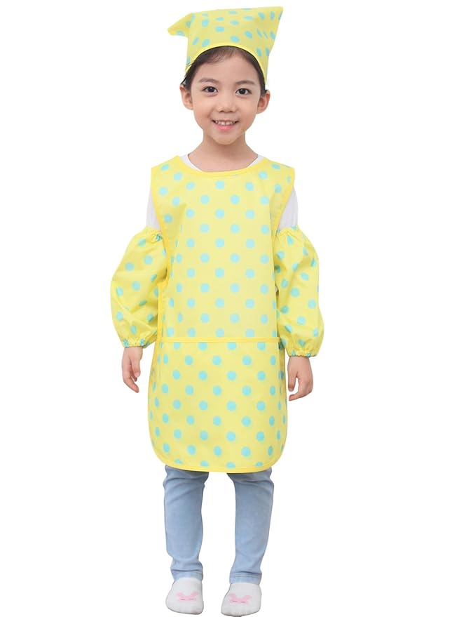 Children Waterproof Artist Painting Aprons or Art Smock 3PCS Set Yellow Dot (01-S)