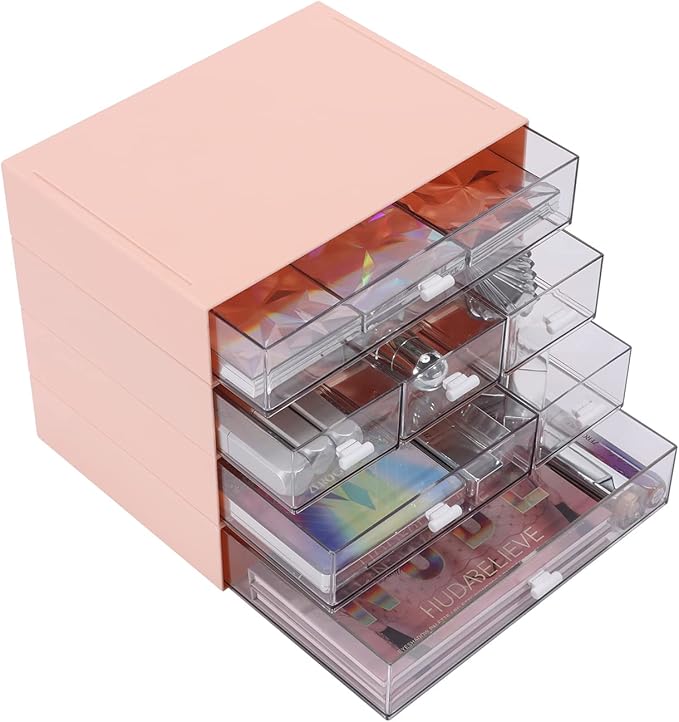 Desk Craft Organizer and Storage with 7 Flat Drawers, Stackable Plastic Desktop Accessories & Workspace Organizer for Office Stationary, Makeup Skincare, Sanitation Supplies, Pink