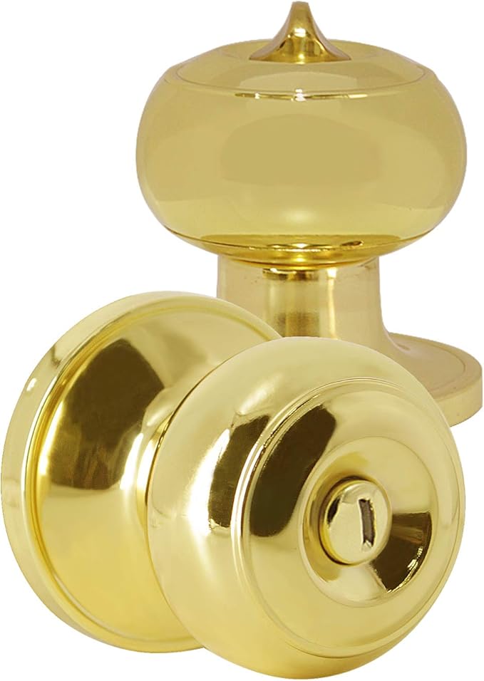 Probrico Home Bed & Bath Privacy Door Knob in Polished Brass, Flat Ball Interior Hardware, Keyless Universal Handing Door Lockset, 1 Pack