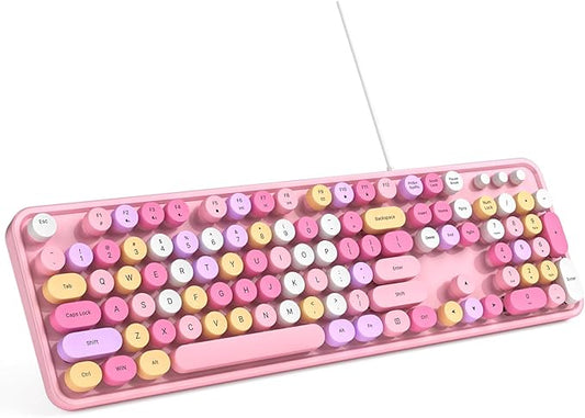 Computer Keyboard Wired, Plug and Play USB Retro Round Typewriter Keyboard, Full Size Wired Keyboard with Foldable Stands for Laptop and Office PC- Pink Colorful