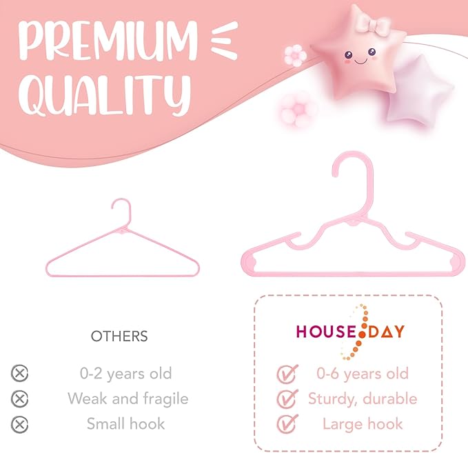 HOUSE DAY Plastic Baby Hangers for Closet 60 Pack, Durable Plastic Kids Hangers for Baby Clothes, Thin & Compact Childrens Hangers, Space Saving Pink Baby Hangers, Small Hangers for Kids Clothes