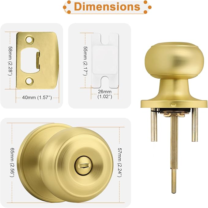 Probrico Brushed Brass Door Knob, Gold Bedroom Bathroom Door Knobs Inteior, Privacy Door Knobs, 6 Pack