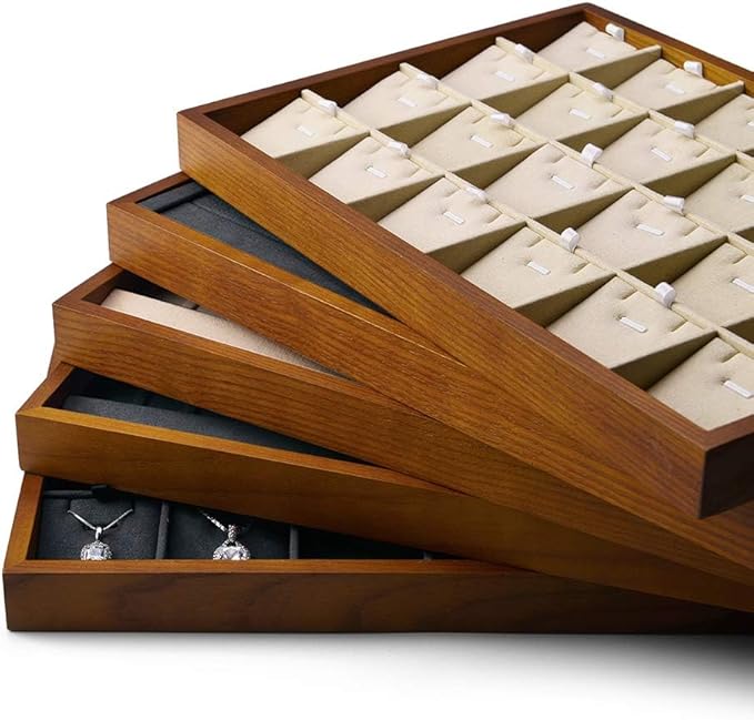 Oirlv 24 Grid Wood Jewelry Tray Microfiber Interior Jewelry Drawer Organizer Showcase Display Box Ring Earrings Holder
