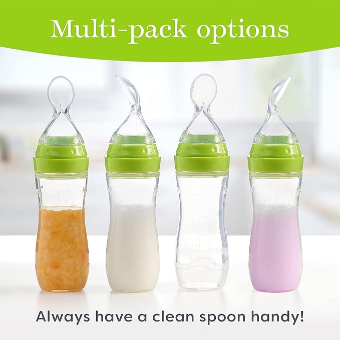 – Baby Food Dispensing Spoon – Mess-Free Feeding – Silicone Baby Food Dispenser for 4+ Months – Precise Food-Release Bottle Spoon Feeder – Straining Baby Squeeze Spoon (Green, 4 Pack)