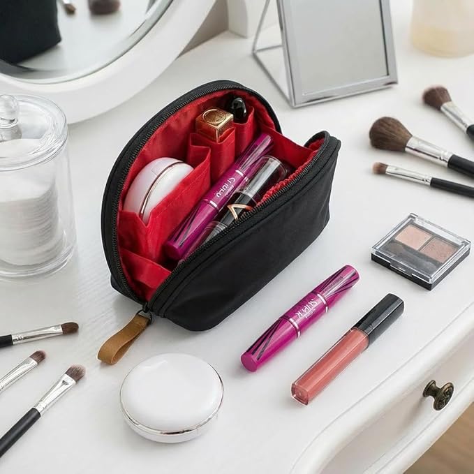 Hekyip Half Moon Cosmetic Bag, Travel Makeup Pouch, Portable Waterproof Cosmetic Pouch for Girls Women, Small (INNER RED)