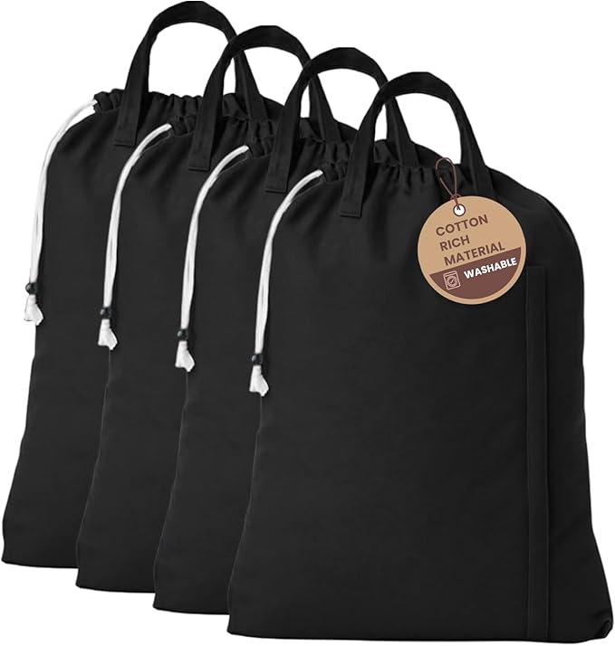LFH Home Large Premium Cotton Canvas Laundry Bag with Drawstring and Handles Heavy Duty, Multi-Use, and Washable for Home, Travel, College or Storage 24x36 (Pack of 4)-Black