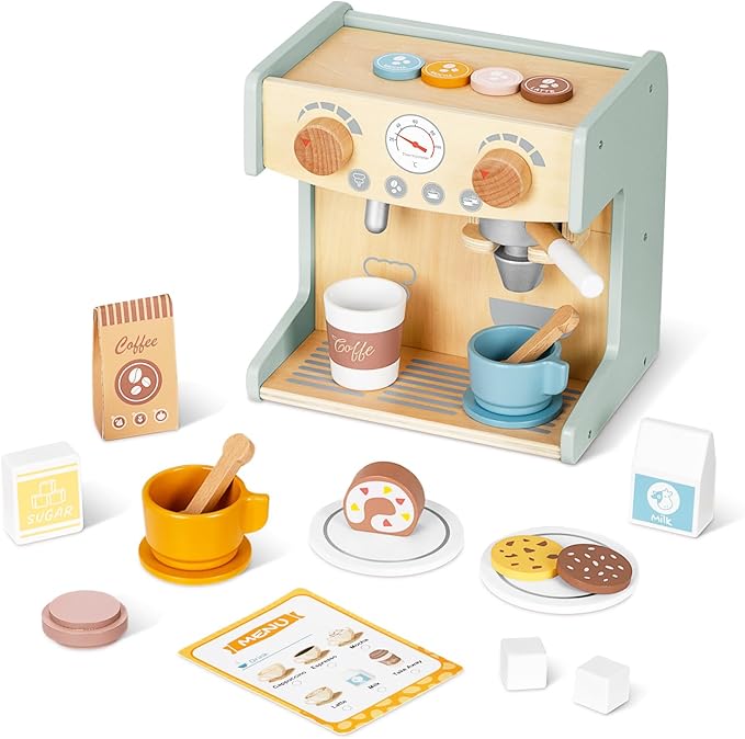 2-in-1 Kids Wooden Toy Coffee Maker Playset, Toddler Pretend Play Kitchen Food Small Coffee Shop with 28 Pcs Play Kitchen Accessories for Girls & Boys