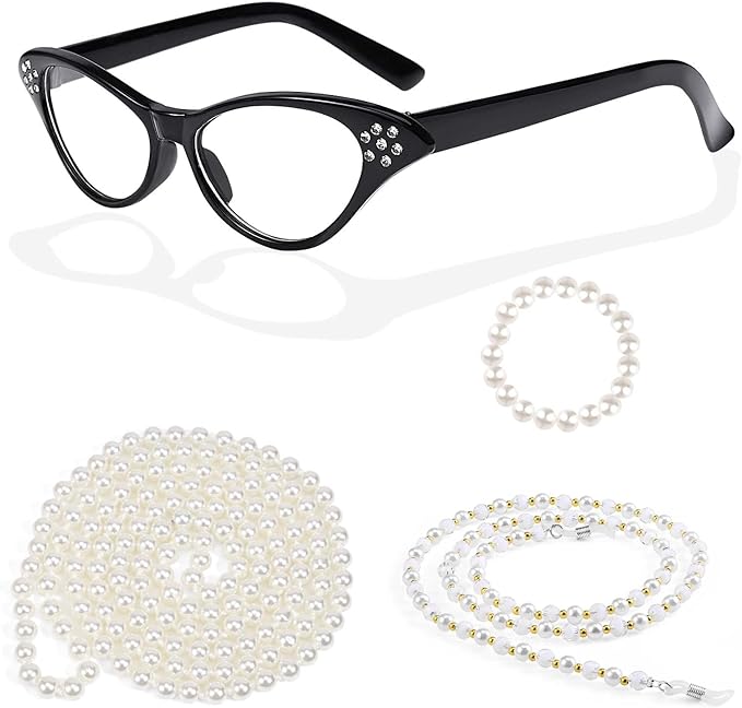 Kavoc 4Pcs Old Lady Costume Accessories Granny Grandma Dress up Eyeglasses Beaded Chain Faux Pearl Bead Necklace and Bracelet