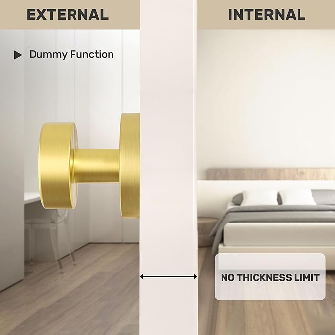 4 Pack Brushed Gold Dummy Door Knobs Interior Satin Brass Dummy Door Knobs for Closet, Heavy Duty Modern Round Door Handle