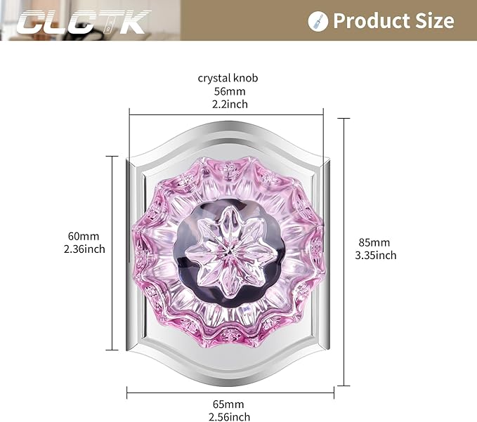CLCTK Pink Crystal Glass Dummy Door Knob, Polished Chrome Closet Bifold Dummy Door Handles Non-Turning Single Side, 4 Pack