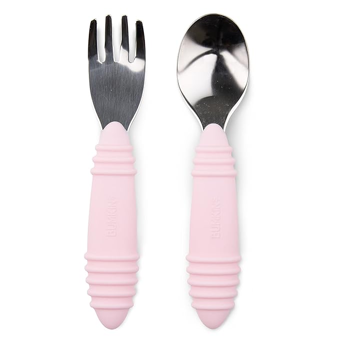 Bumkins Toddler Utensils, Kids Size Fork and Spoon Set, Silicone and Stainless-Steel Training Silverware, Angled Forks / Sporks for Self-Feeding, Children Hold Learning to Eat, 18 Months Up, Pink
