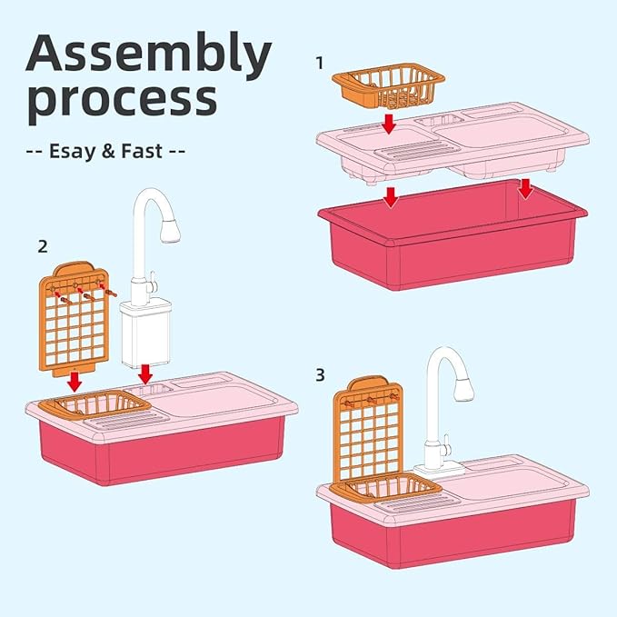 BOBXIN Play Sink with Running Water, Kids Pretend Play Kitchen Toy Sink for Girl, Role Play Electric Dishwasher Kitchen Water Toys Set with Upgraded Working Faucet and Dishes Playset for Boy Toddler