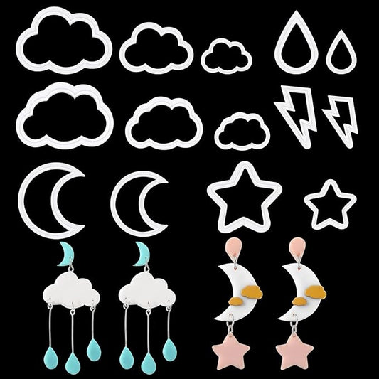 Kajaia 14 Pcs Polymer Clay Cutters Set, Cloud Moon Star Crescent Clay Earring Cutters Rain Drop Lightning DIY Jewelry Making Supplies for Beginners Adults Christmas Gifts