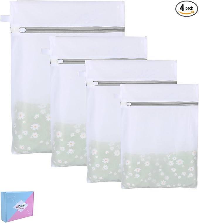 RICHERI Mesh Laundry Bags, Mesh Wash Bags Durable Mesh Structure with Strong Zipper, Suitable for Underwear, Delicate Clothes, Pants, Shoes (Small Fine Mesh, XS+S+M+L(10*12in+12*16in+16*20in+20*24in)