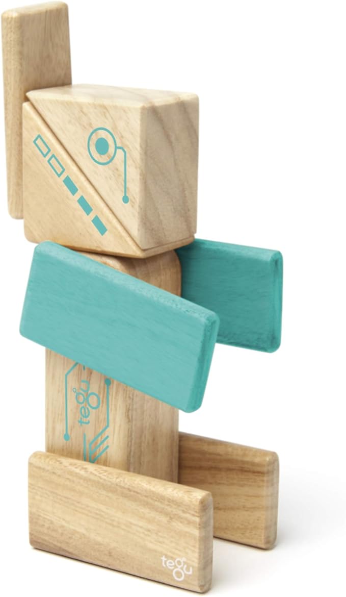 Tegu Robo Magnetic Wooden Block Set, Electric Aqua, 8 PIECE