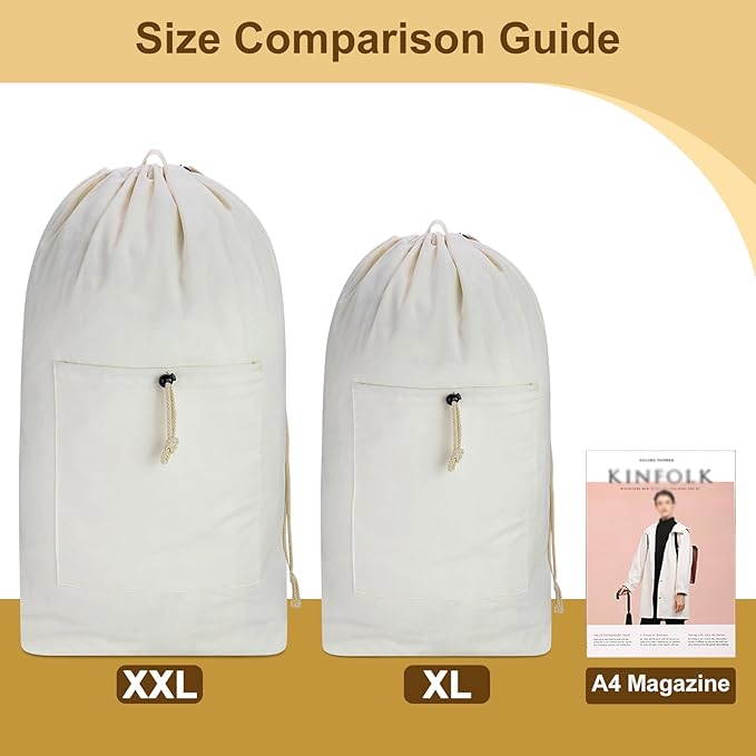 Laundry Bag Backpack, Canvas Laundry Bag with Straps & Drawstring Closure Washable Dirty Cloth Hamper Bag with Large Front Pocket for College, Travel, Laundromat, Camping (Beige, XX-Large)