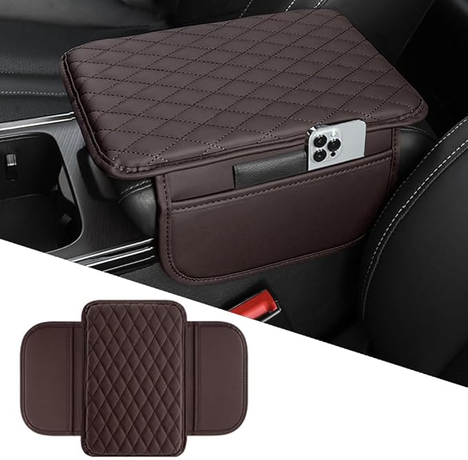 Car Center Console Armrest Cover, Leather Car Center Console Cover Cushion with 2 Storage Bags, Universal Center Console Pad Car Armrest Lids Storage Box Auto Interior Accessories (Mocha Brown)