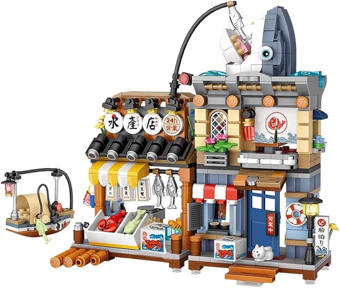 Japanese City Street View Seafood Store Building Blocks Set, Aquatic Products Shop MOC Creative House, Simulation Architecture Construction Toy, Gifts Idea for Kids Adults (Mini Blocks 790 pcs)